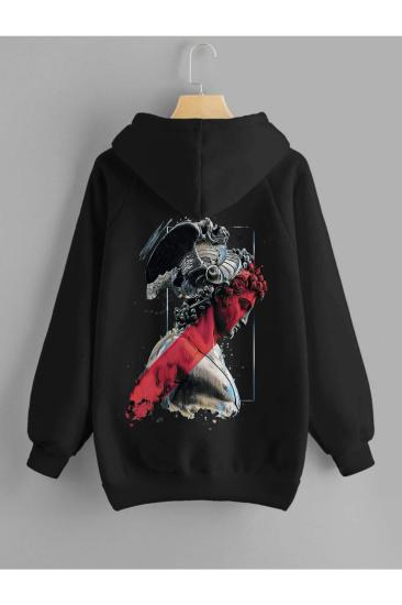Unisex Kapşonlu Sweatshirt Apollo Sırt Baskı Siyah