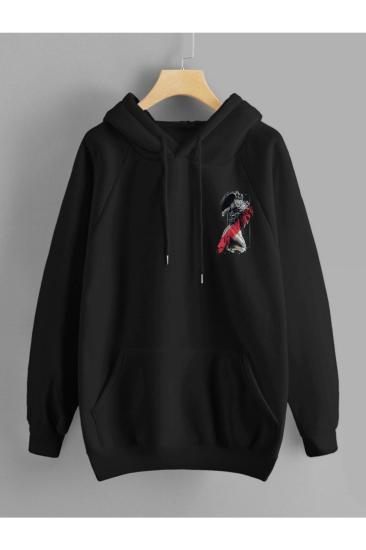 Unisex Kapşonlu Sweatshirt Apollo Sırt Baskı Siyah