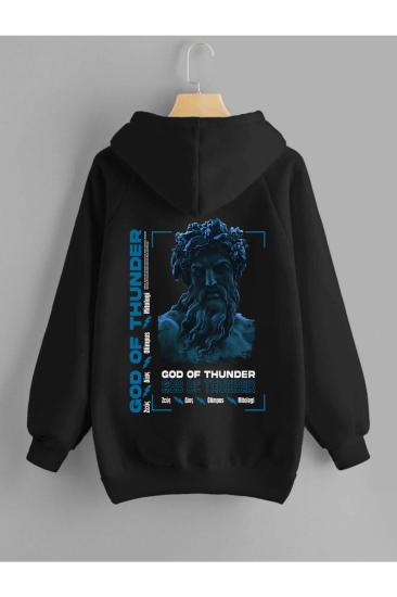 Unisex Kapşonlu Sweatshirt Good Of Thunder Sırt Baskı Siyah