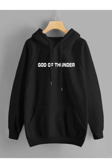 Unisex Kapşonlu Sweatshirt Good Of Thunder Sırt Baskı Siyah
