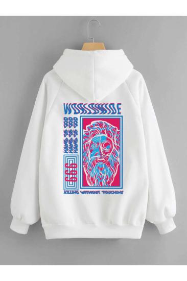 Unisex Kapşonlu Sweatshirt Hand Of Good Sırt Baskı Beyaz
