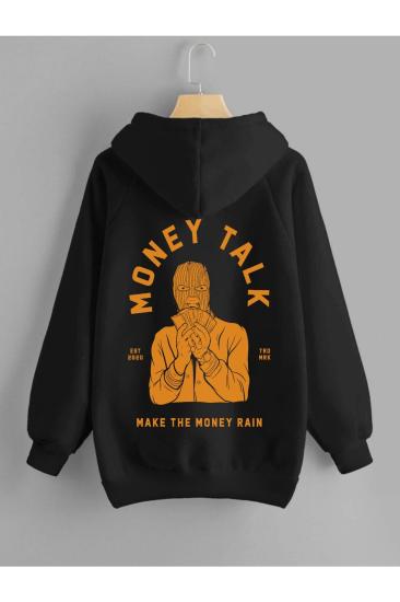 Unisex Kapşonlu Sweatshirt Money Talk Sırt Baskı Siyah