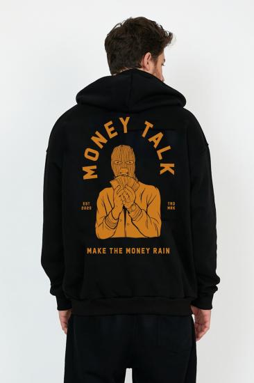 Unisex Kapşonlu Sweatshirt Money Talk Sırt Baskı Siyah