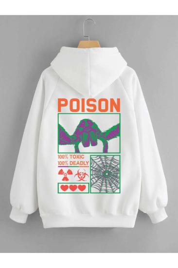 Unisex Kapşonlu Sweatshirt Posıon Sırt Baskı Beyaz