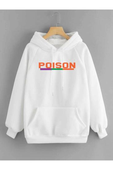 Unisex Kapşonlu Sweatshirt Posıon Sırt Baskı Beyaz