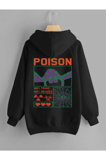 Unisex Kapşonlu Sweatshirt Posıon Baskı Siyah