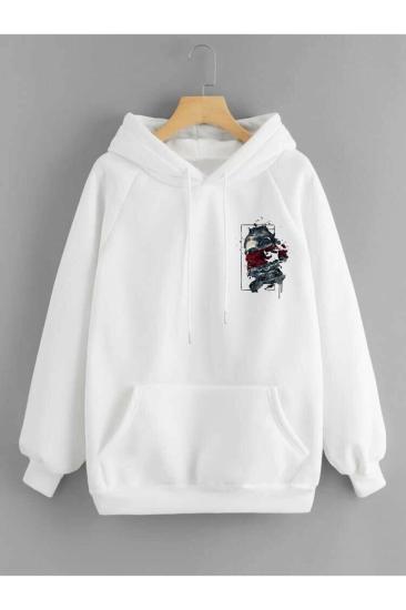 Unisex Kapşonlu Sweatshirt Zeus Sırt Baskı Beyaz