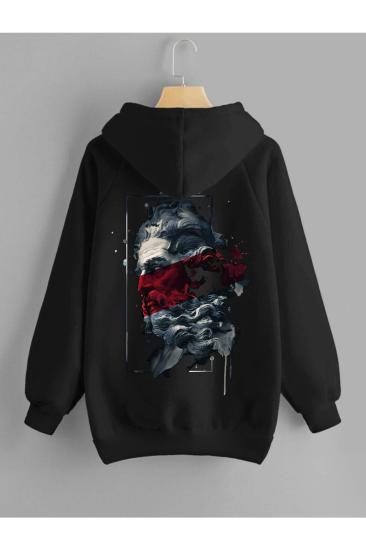 Unisex Kapşonlu Sweatshirt Zeus Sırt Baskı Siyah