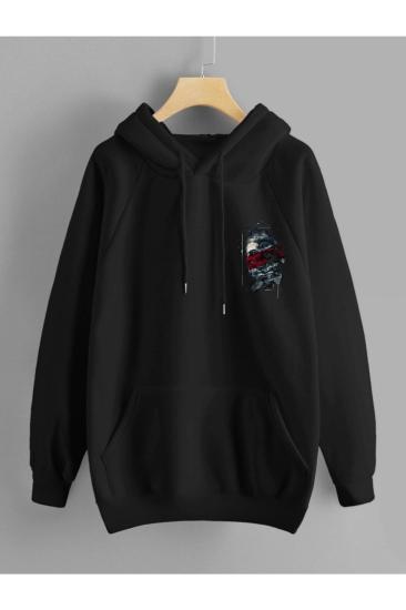 Unisex Kapşonlu Sweatshirt Zeus Sırt Baskı Siyah