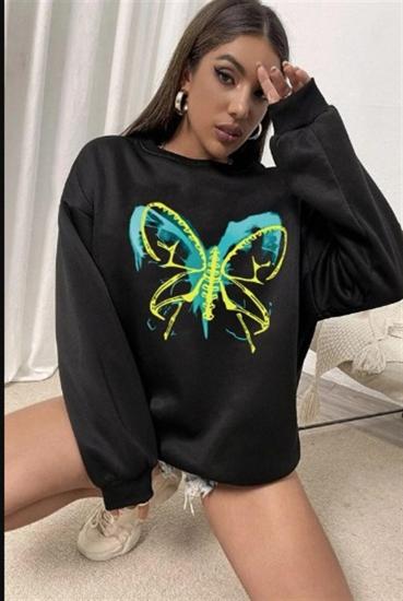Kadın Siyah Bisiklet yaka Sweatshirt Kelebek Xray Önbaskı
